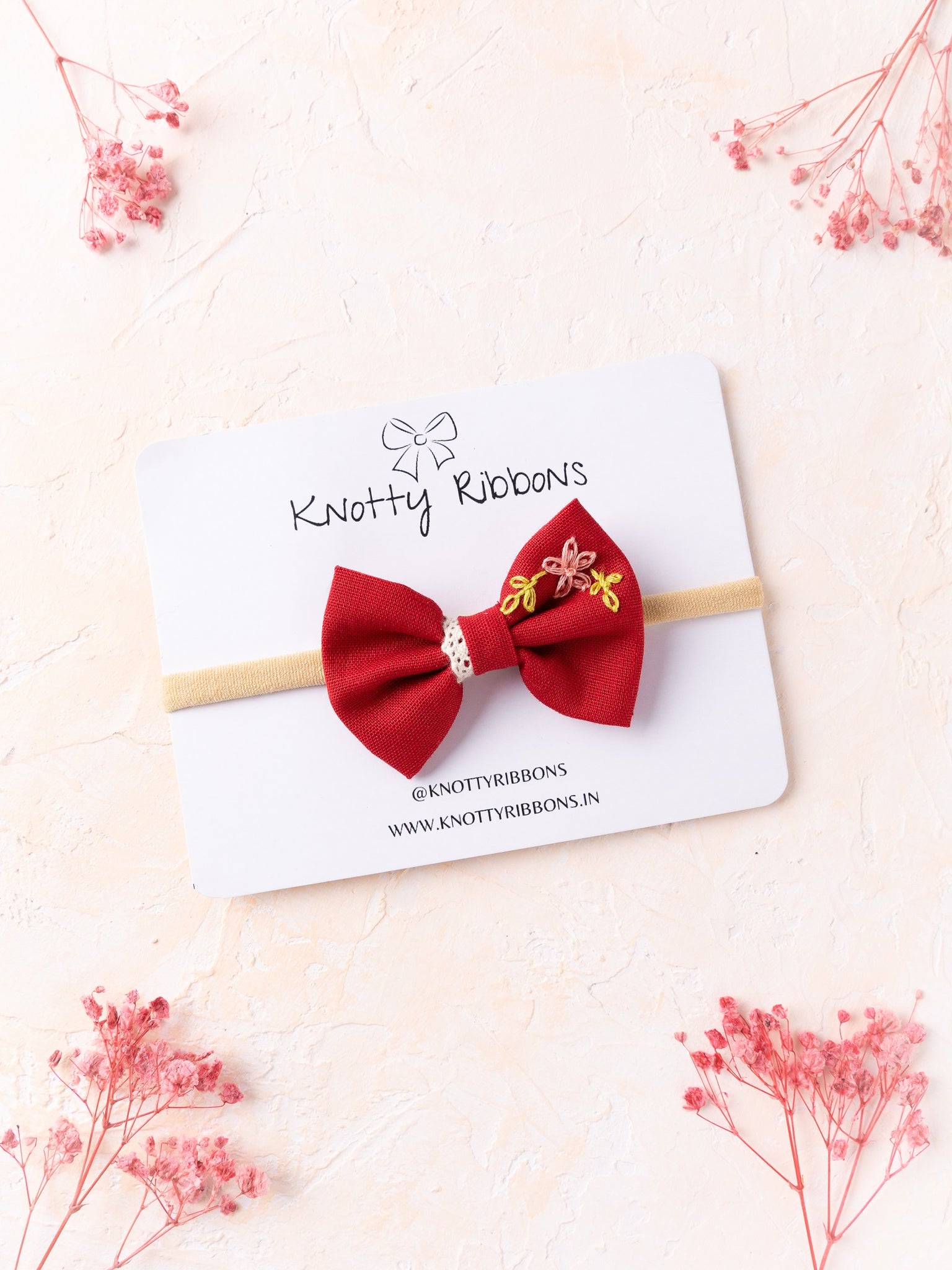 Embroidered Bow Headband- Red