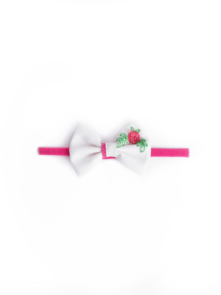 Embroidered Bow Headband- White