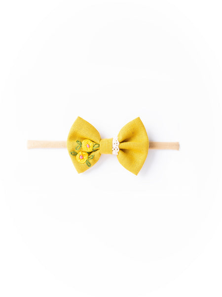 Embroidered Bow Headband- Yellow