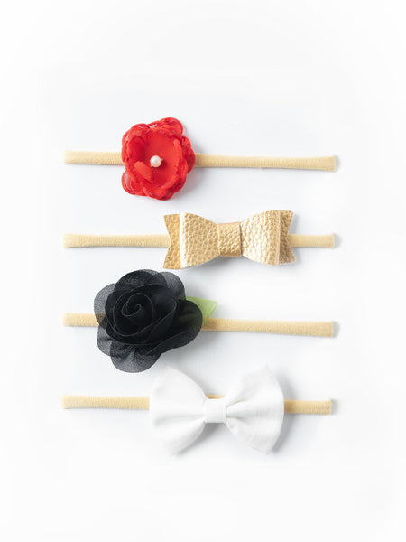 Flower & Bow Headband Set- Red, Golden, Black & White