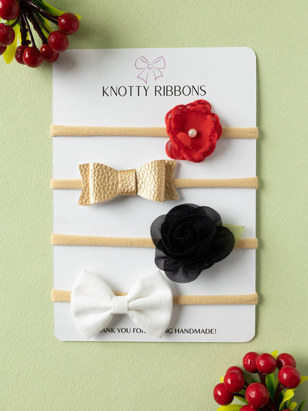 Flower & Bow Headband Set- Red, Golden, Black & White