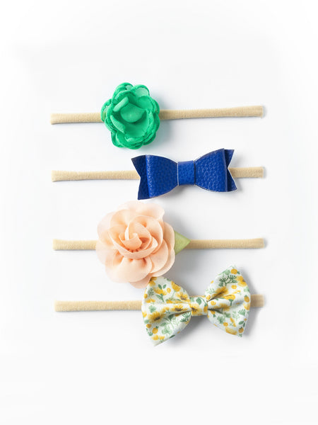 Flower & Floral Bow Headband Set- Green, Blue & Peach
