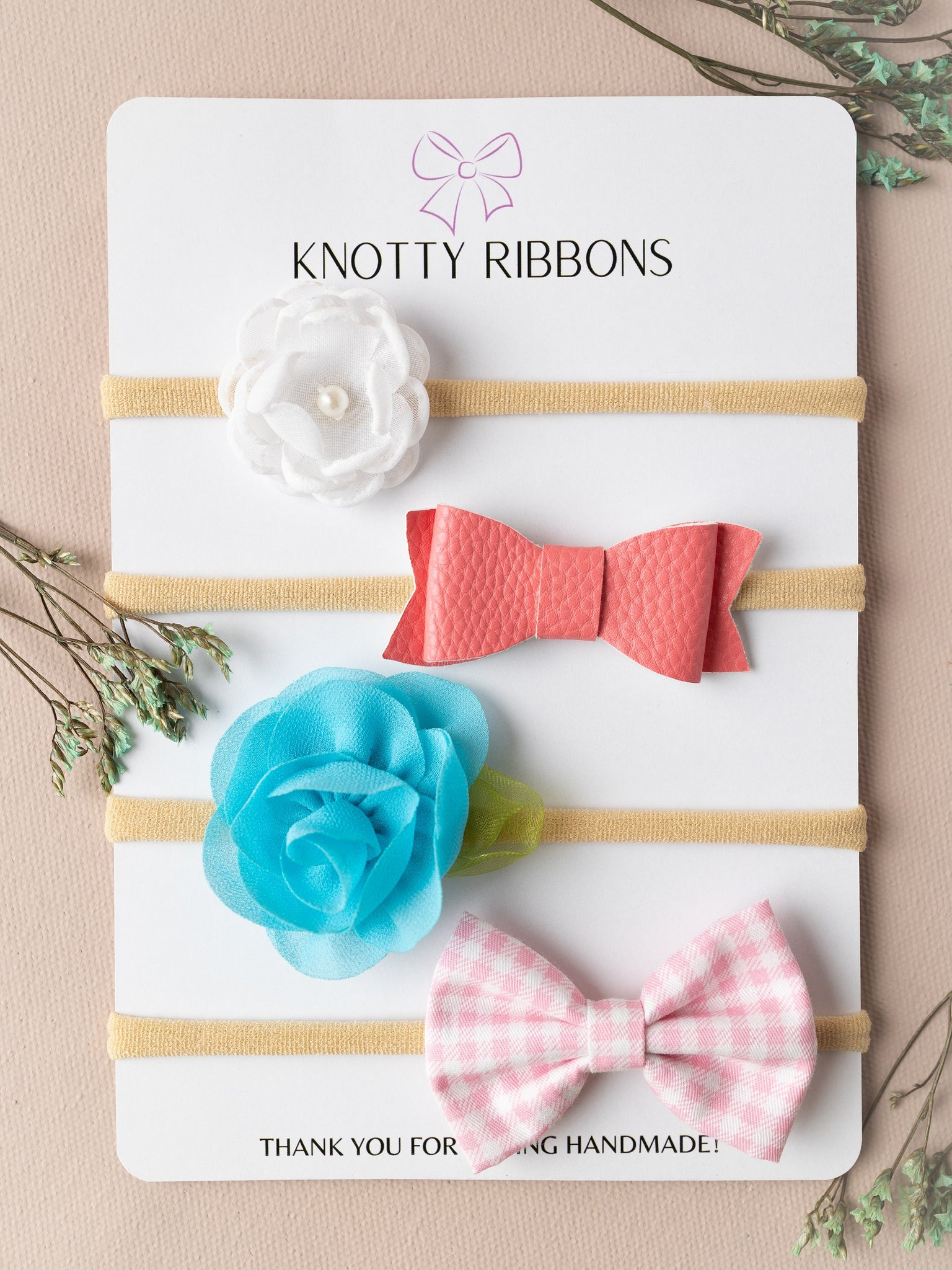 Flower & Checkered Bow Headbands for Newborns- White, Pink & Blue