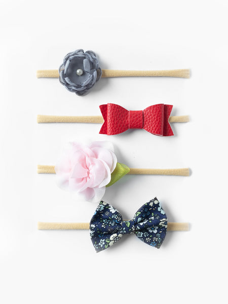 Flower & Floral Bow Headband Set- Gray, Red, Pink & Dark Blue