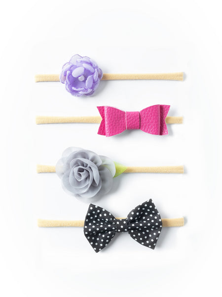 Flower & Polka Dots Bow Headband Set- Lavender, Pink, Gray & Black