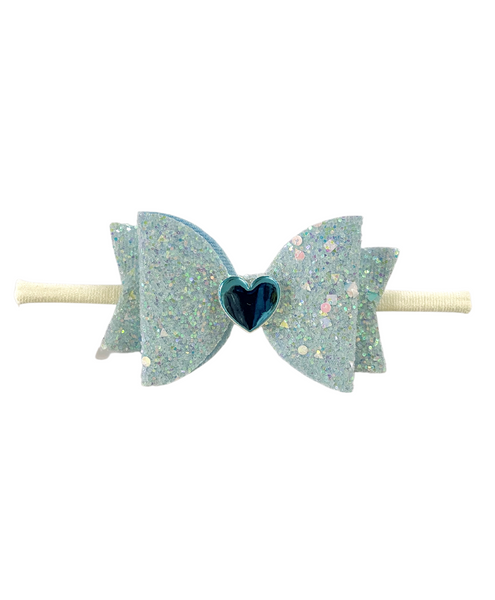 Glitter Bow Baby Headband with Heart- Blue
