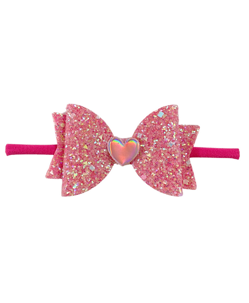 Glitter Bow Baby Headband with Heart- Pink