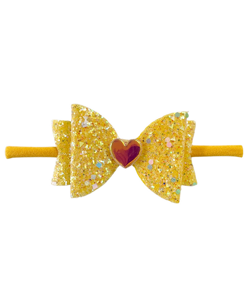 Glitter Bow Baby Headband with Heart- Yellow