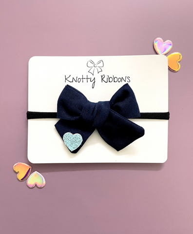 Heart Applique Knot Bow Headband - Dark Blue