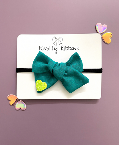 Heart Applique Knot Bow Headband - Teal