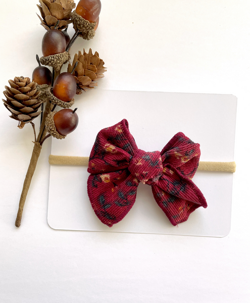 Floral Corduroy Knot Bow Nylon Headband - Maroon
