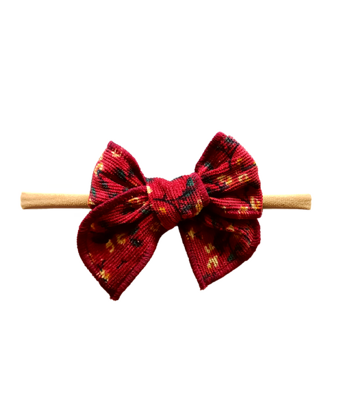 Floral Corduroy Knot Bow Nylon Headband - Maroon