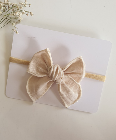 Newborn Linen Knit Bow Headband- Beige