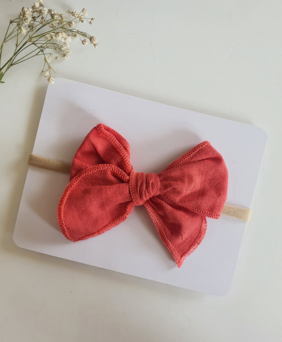 Newborn Linen Knit Bow Headband- Coral