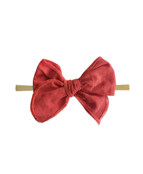 Newborn Linen Knit Bow Headband- Coral