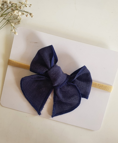 Newborn Linen Knit Bow Headband- Navy Blue