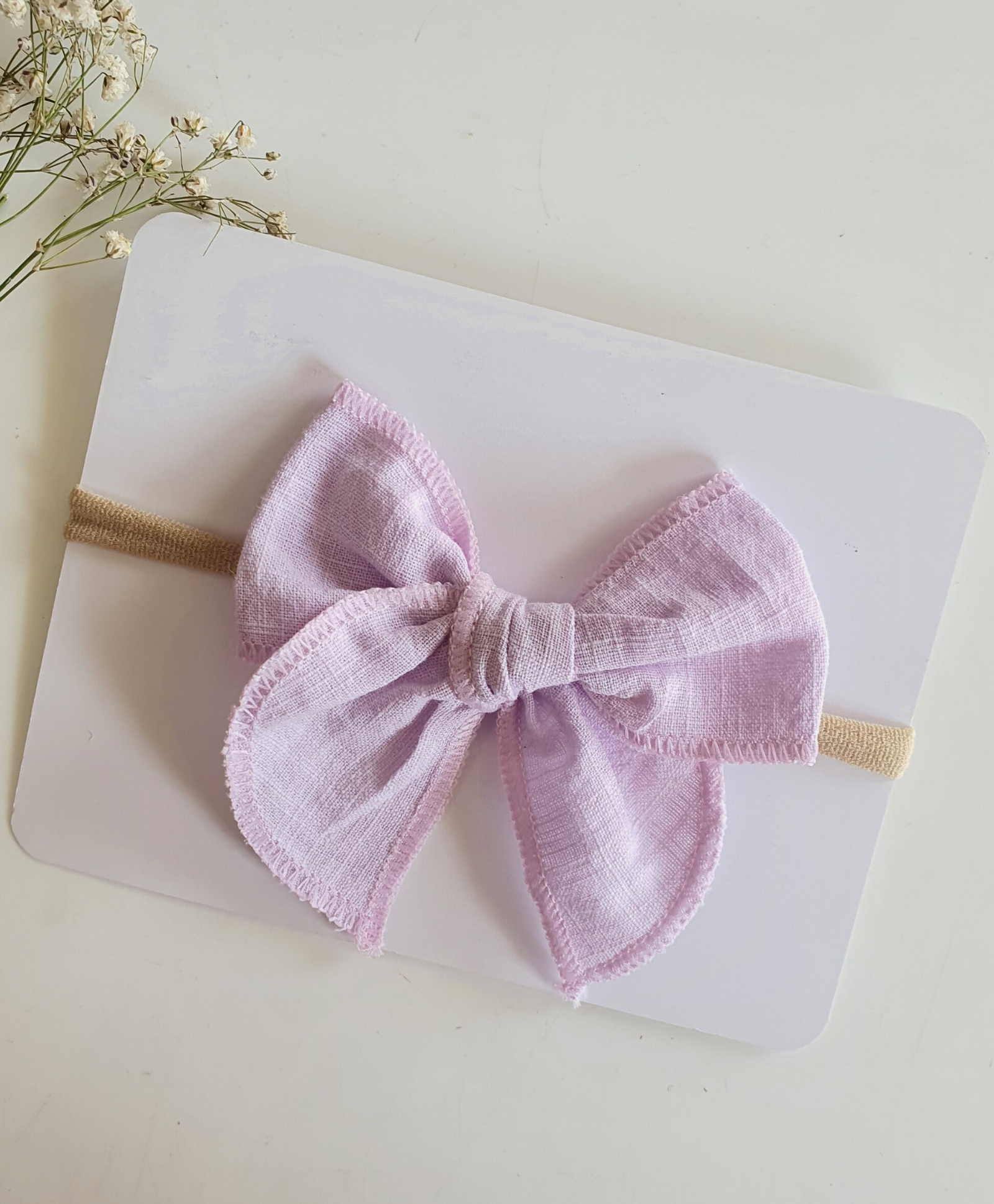 Newborn Linen Knit Bow Headband- Lilac