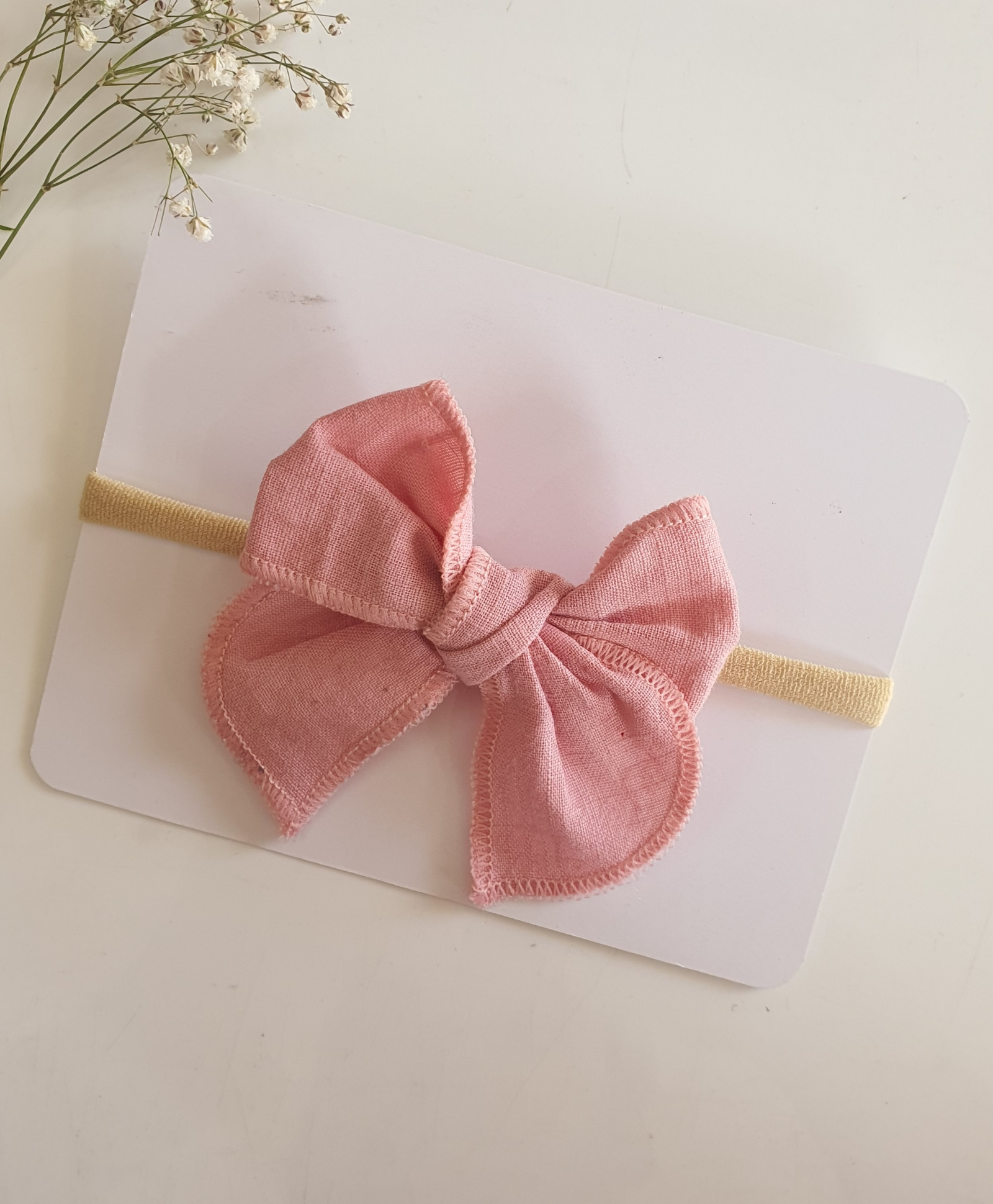 Newborn Linen Knit Bow Headband- Light Pink