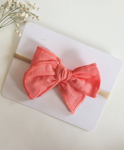 Newborn Linen Knit Bow Headband- Peach