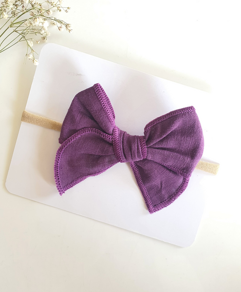 Newborn Linen Knit Bow Headband- Purple