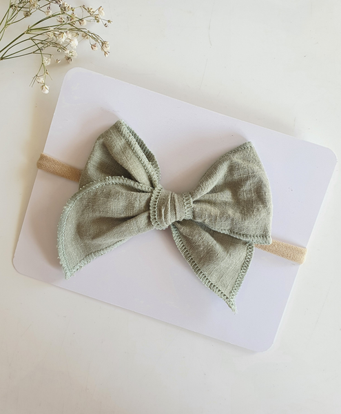 Newborn Linen Knit Bow Headband- Sage