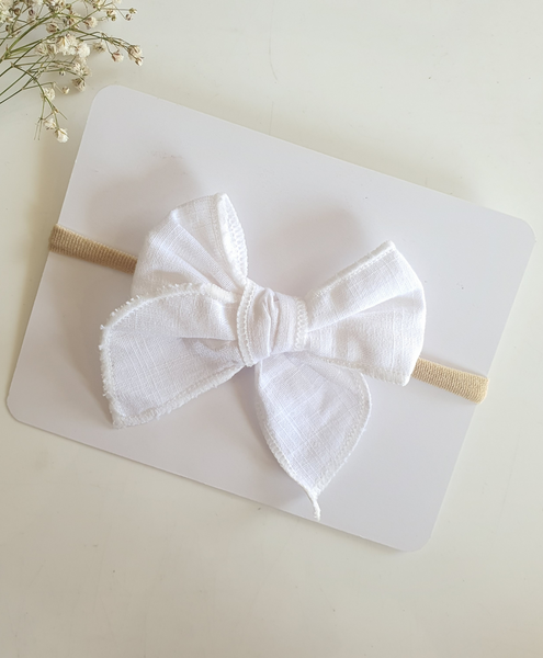 Newborn Linen Knit Bow Headband- White