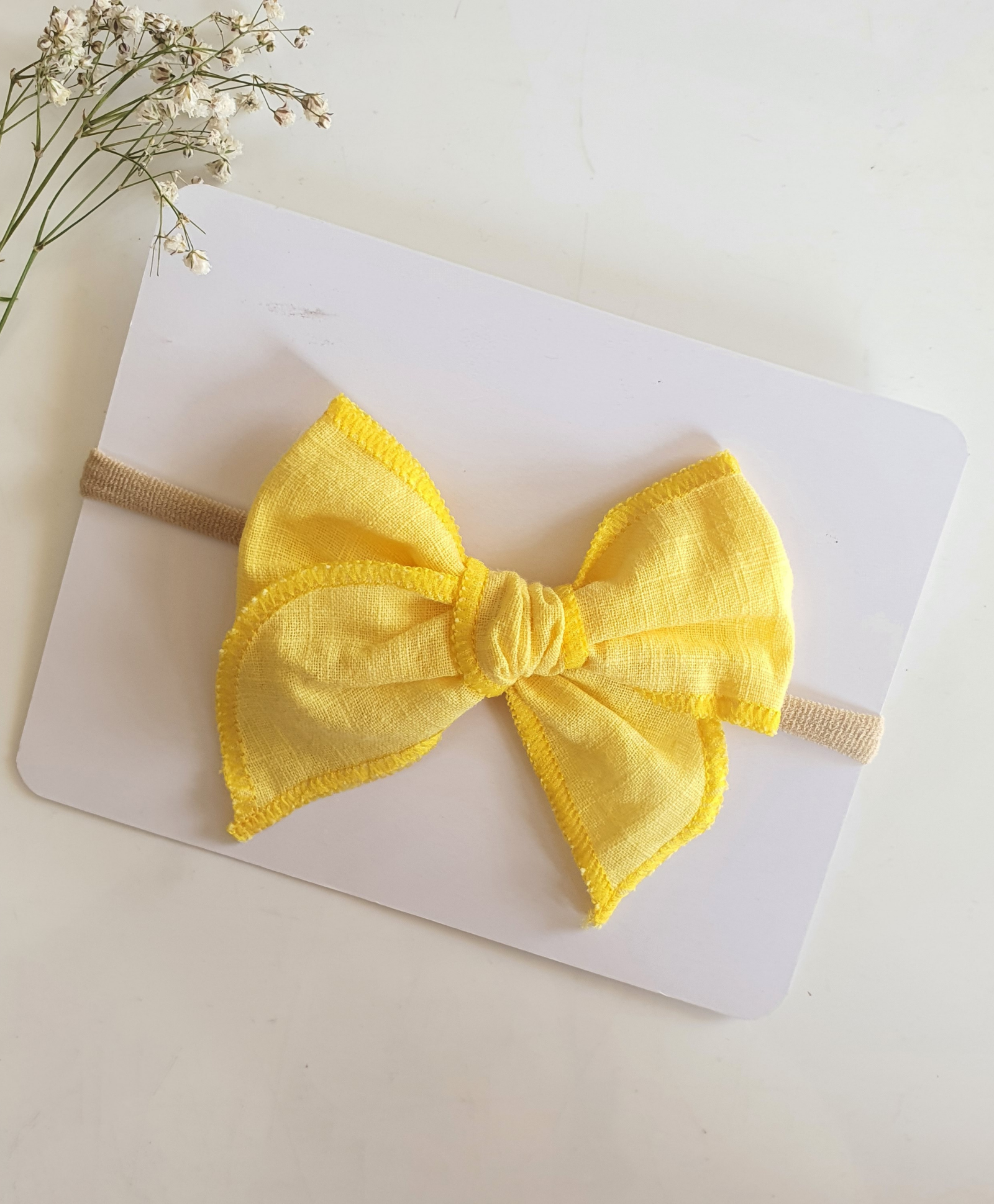 Newborn Linen Knit Bow Headband- Yellow