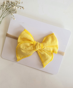 Newborn Linen Knit Bow Headband- Yellow