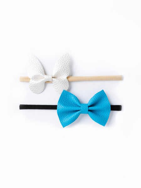 Leather Butterfly & Bow Headband Set- Light Blue & White