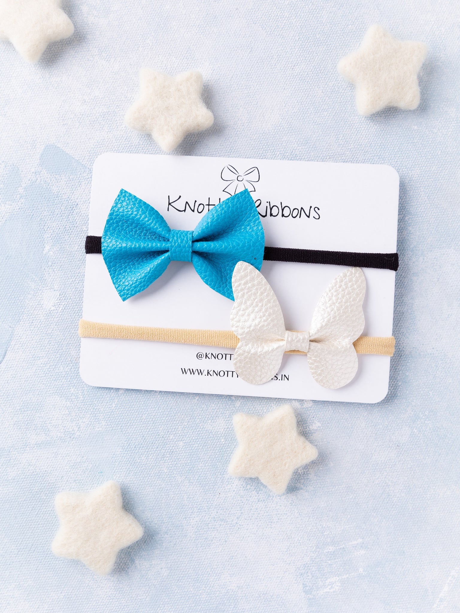Leather Butterfly & Bow Headband Set- Light Blue & White