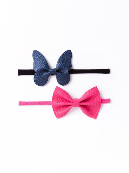 Leather Butterfly & Bow Headband Set- Pink & Navy Blue