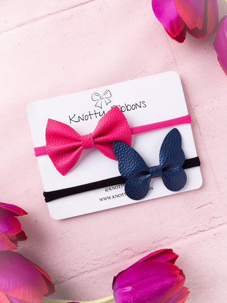 Leather Butterfly & Bow Headband Set- Pink & Navy Blue