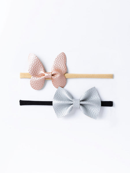 Leather Butterfly & Bow Headband Set- Silver & Rose Gold