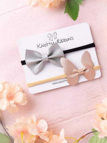 Leather Butterfly & Bow Headband Set- Silver & Rose Gold