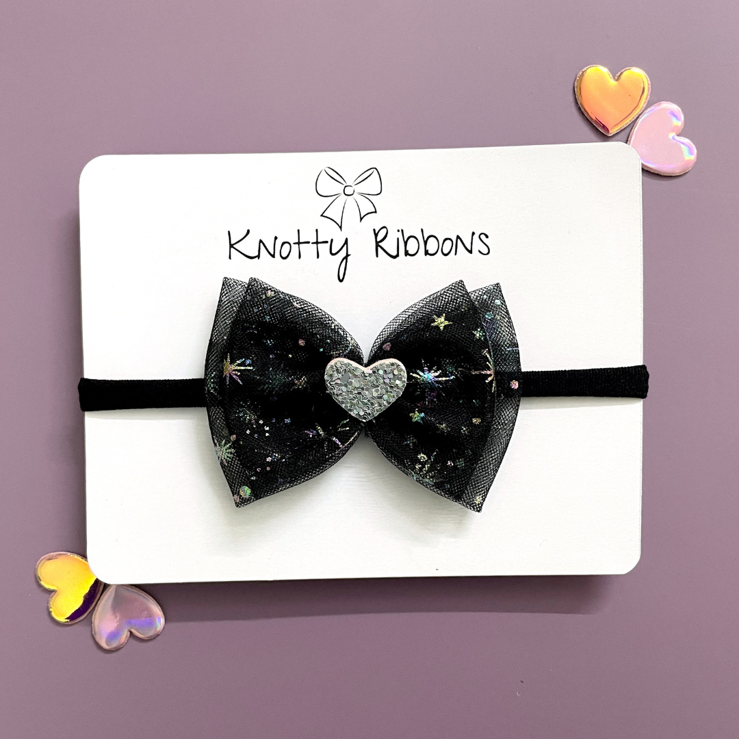 Double Bow Heart Applique Headband- Black