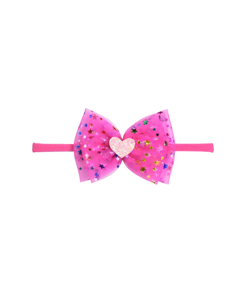 Double Bow Heart Applique Headband- Neon Pink