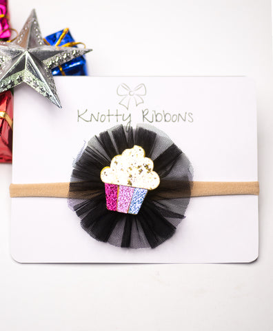 Glitter Cupcake on Pom Pom Headband - Black