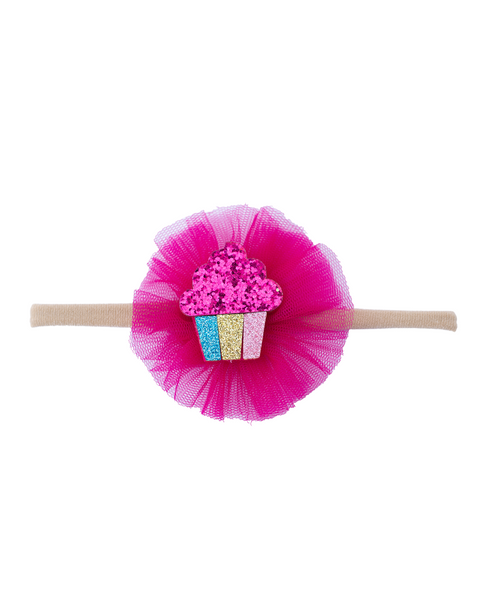 Glitter Cupcake on Pom Pom Headband - Dark Pink