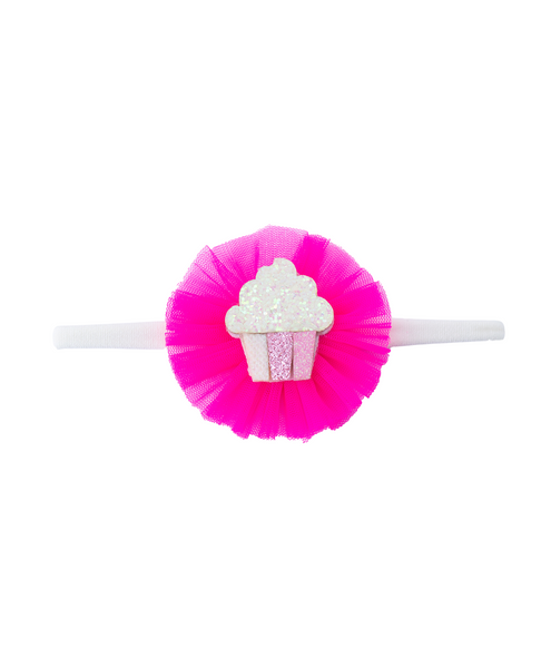 Glitter Cupcake on Pom Pom Headband - Neon Pink