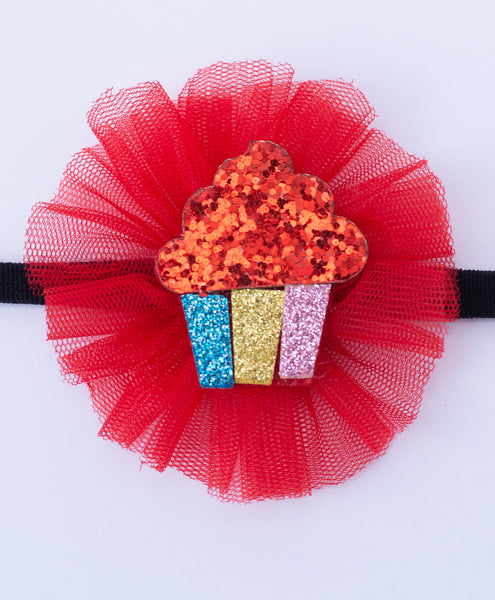 Glitter Cupcake on Pom Pom Headband - Red