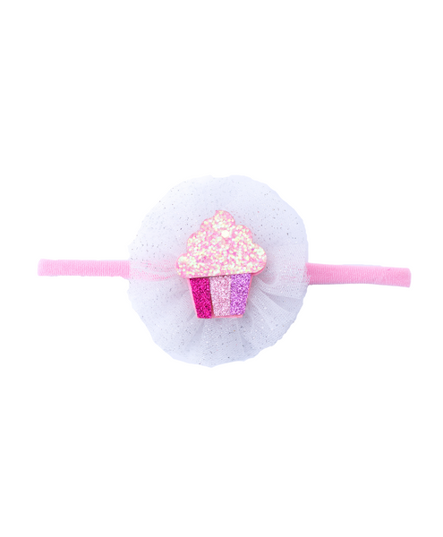 Glitter Cupcake on Pom Pom Headband - White