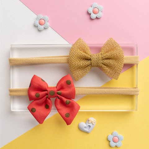 Petite Ethnic Bow Headband Set- Peach & Golden