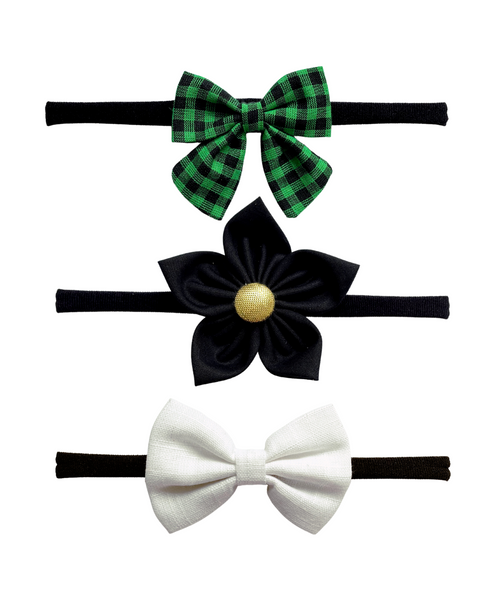 Flower & Bow Headband Set - Green, Black & White