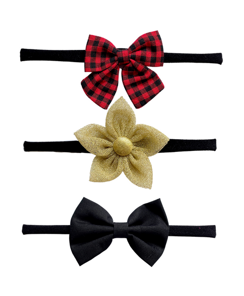 Flower & Bow Headband Set - Red, Golden & Black