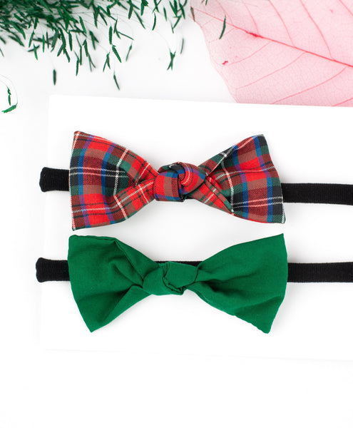 Checked Knot Bow Headband Set - Red & Green