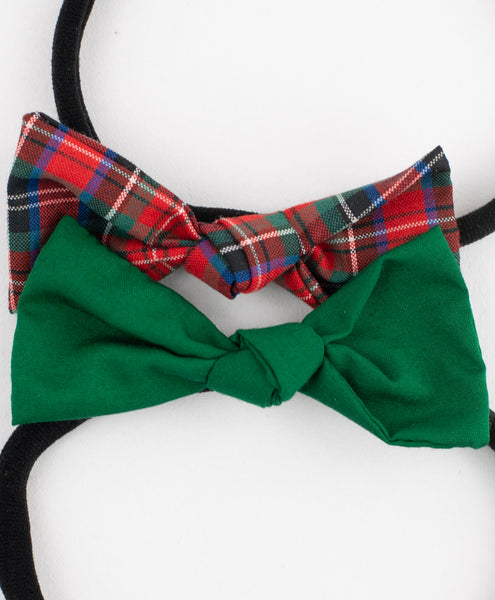 Checked Knot Bow Headband Set - Red & Green