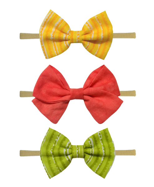 Striped School & Classic Bow Headband Set - Yellow, Red & Green