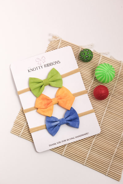 Tie Dye School & Classic Bow Headband Set - Green, Yellow & Blue