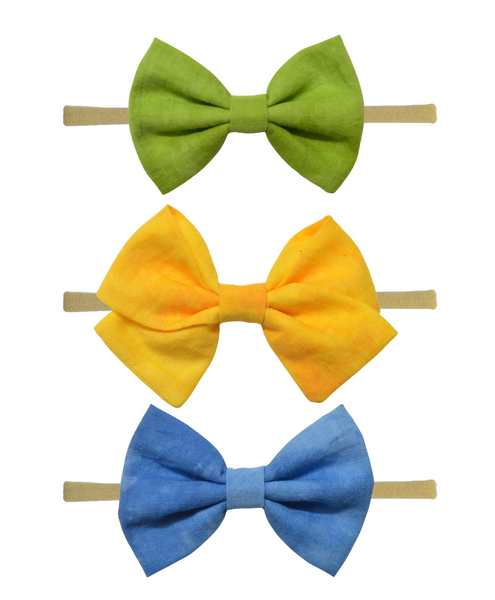 Tie Dye School & Classic Bow Headband Set - Green, Yellow & Blue