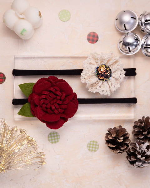 Felt & Lace Flower Baby Headband Set- Maroon & White